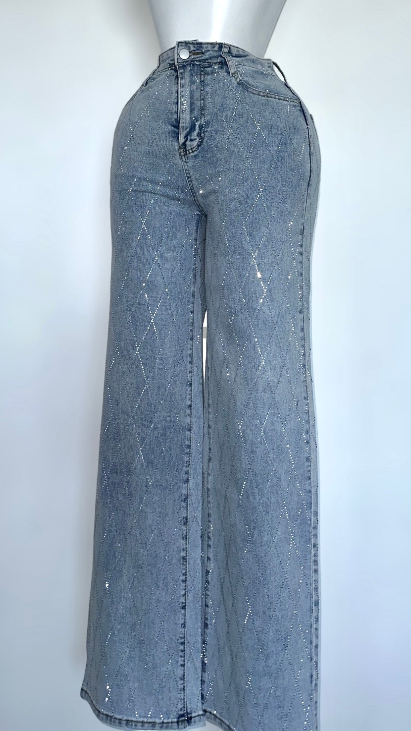 Embellished Diamond Denim Pants