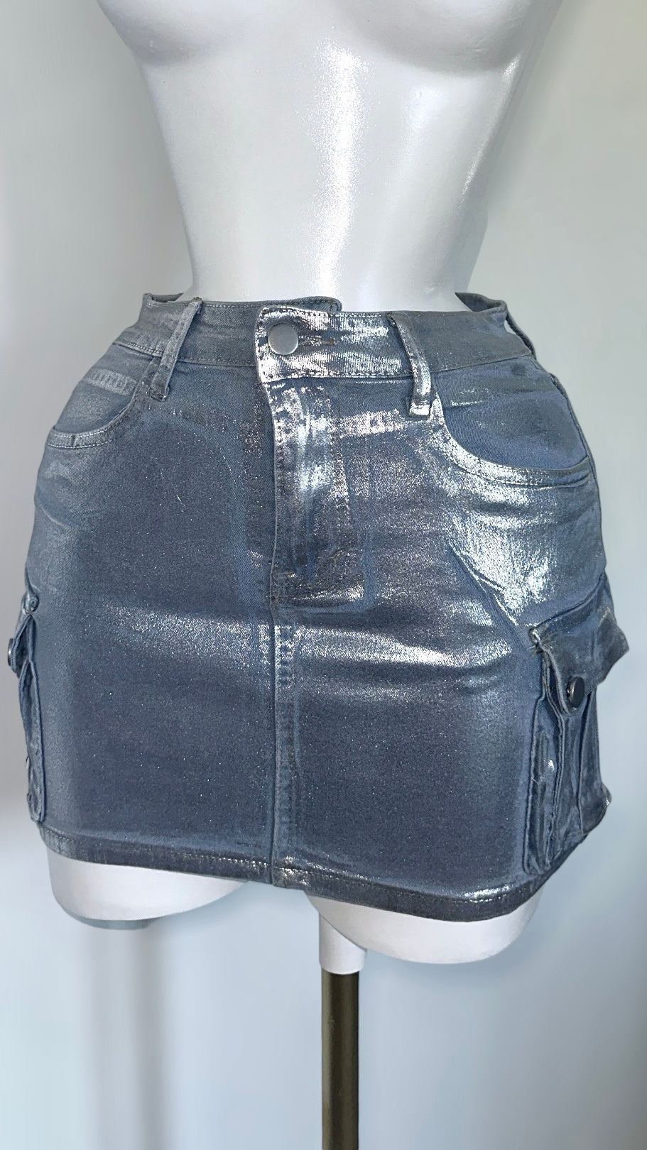 Metallic Foil Denim Cargo Skirt