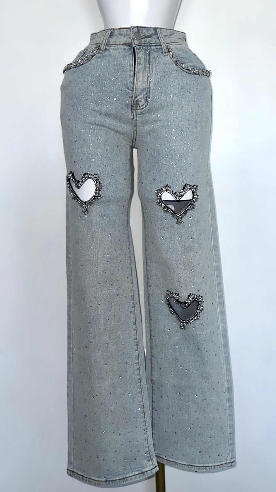 Embellished Heart Denim Pants