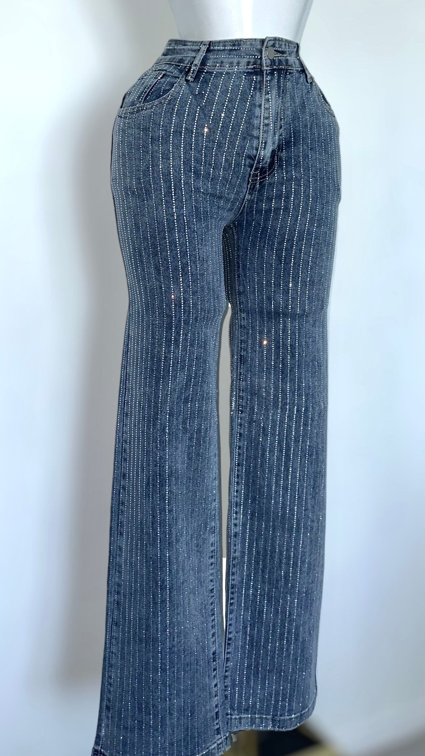 Embellished Pinstripe Denim Pants