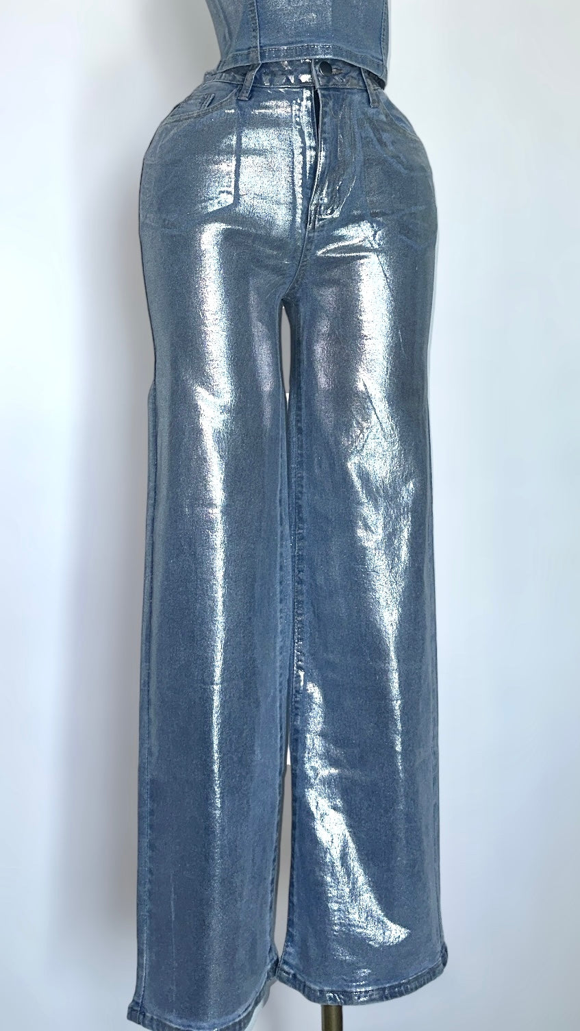 Metallic Foil Denim Pants